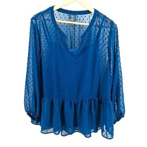 Massini Navy Blue Sheer Top with Cami Womens Plus Sz 2X Boho Peasant Romantic